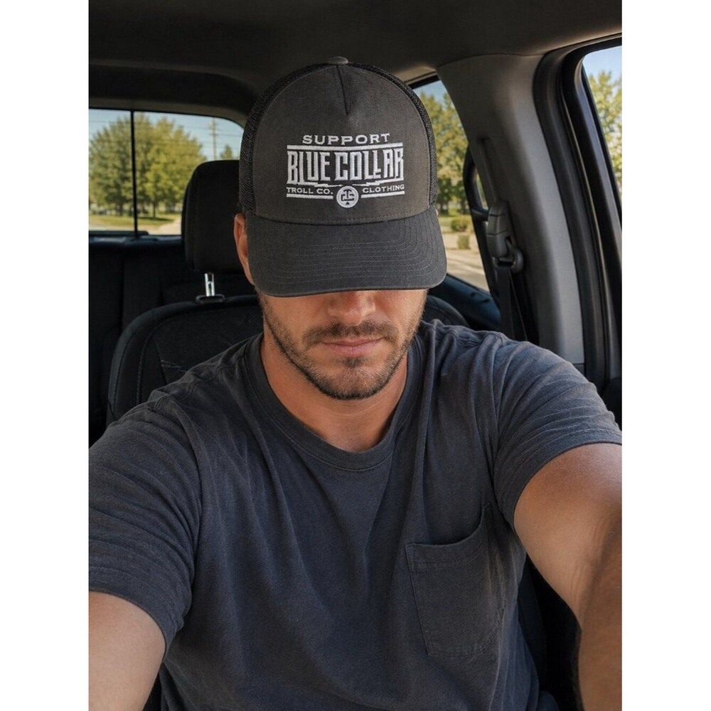 Troll Co Clothing Support Blue Collar Trucker Hat Black Gray Snapback Workwear